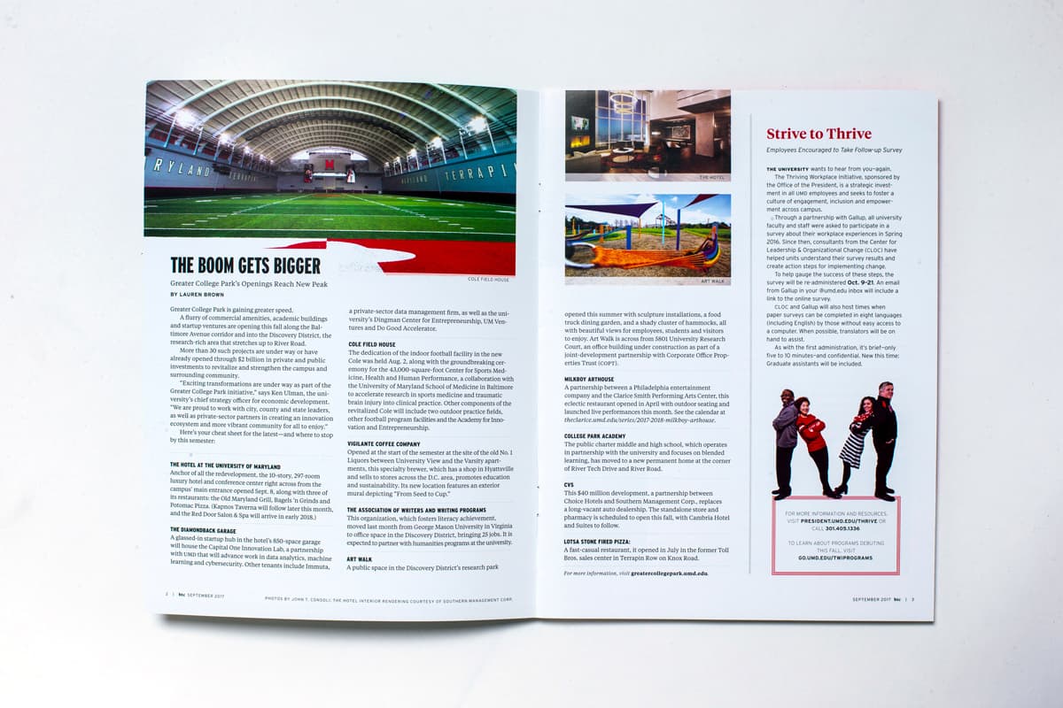 Print Brochure opened to the spread for an article "The boom gets bigger" going into more detail about various spaces in the Greater College Park community. along with images of the Jones-Hill house, area Art Walk, and The Hotel lobby spaces