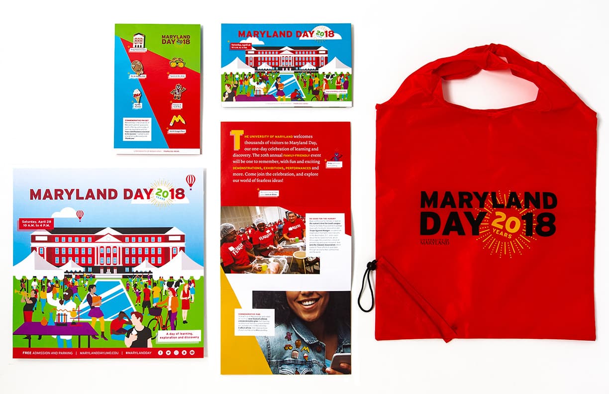 Maryland day print materials including a poster, postcard, brochure, and Bright red tote bag