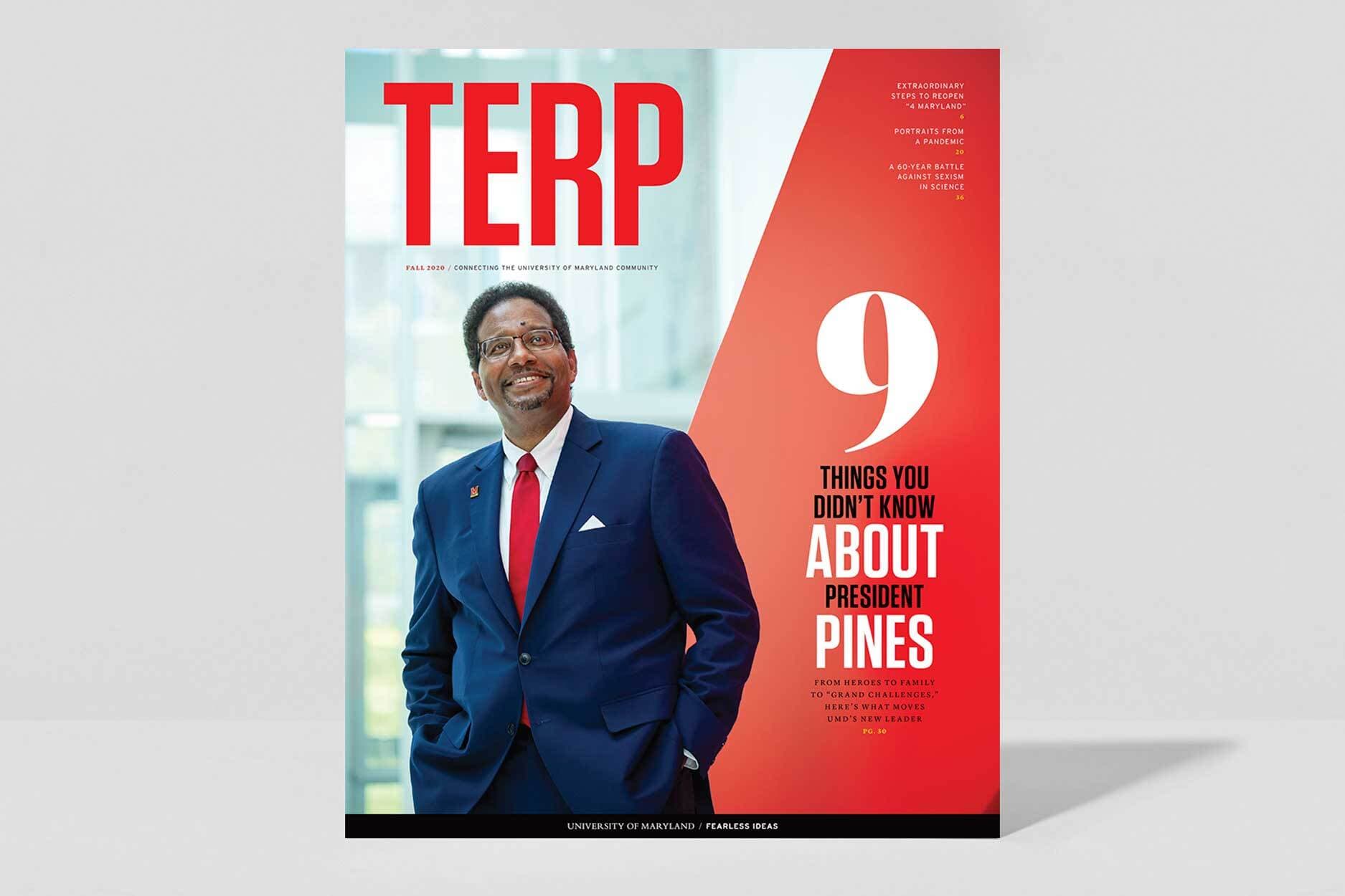 University of Maryland President Darryll J. Pines stands proudly next to the imprinted title of the feature article: 9 things you didn't know about president pines.